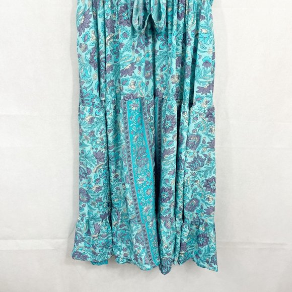 Zury Blue Boho Print Flutter Sleeve Maxi Dress V-Neck Silk Bohemian FREE SIZE - Picture 4 of 8